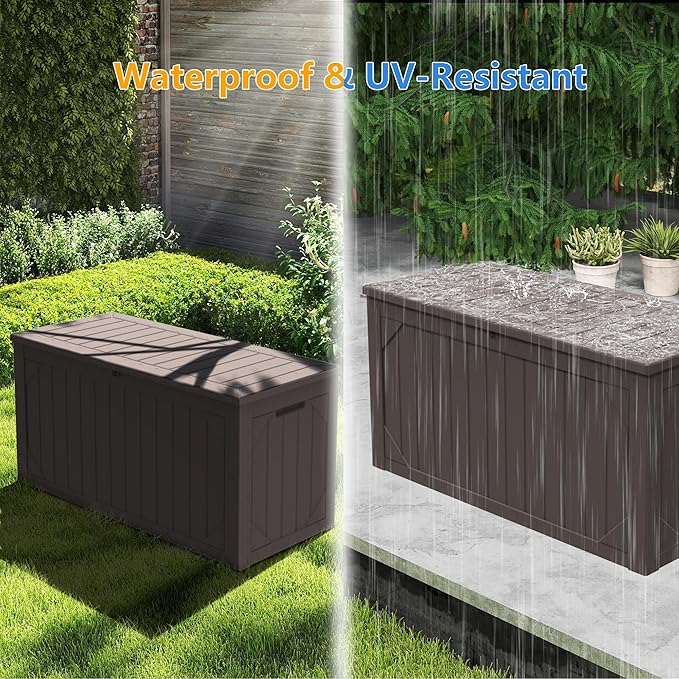 100 Gallon Outdoor Storage Box Waterproof, Lockable Resin Deck Box Patio Storage Bin for Pool Accessories Cushion Furniture, Garden Tools, UV-Resistant Outside Delivery, Brown
