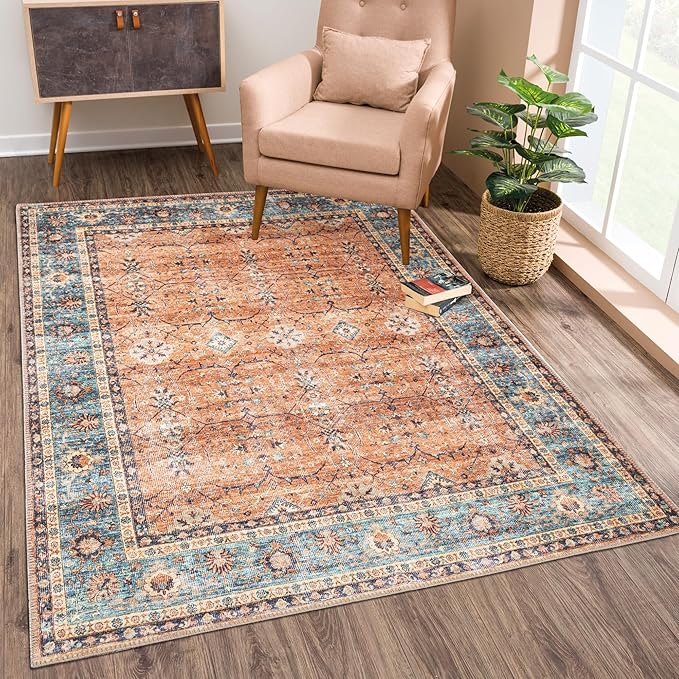 Bloom Rugs Washable Non-Slip 2' x 3' Rug - Orange/Teal Blue Traditional Bordered Area Rug for Living Room, Bedroom, Dining Room, and Kitchen - Exact Size: 2' x 3'