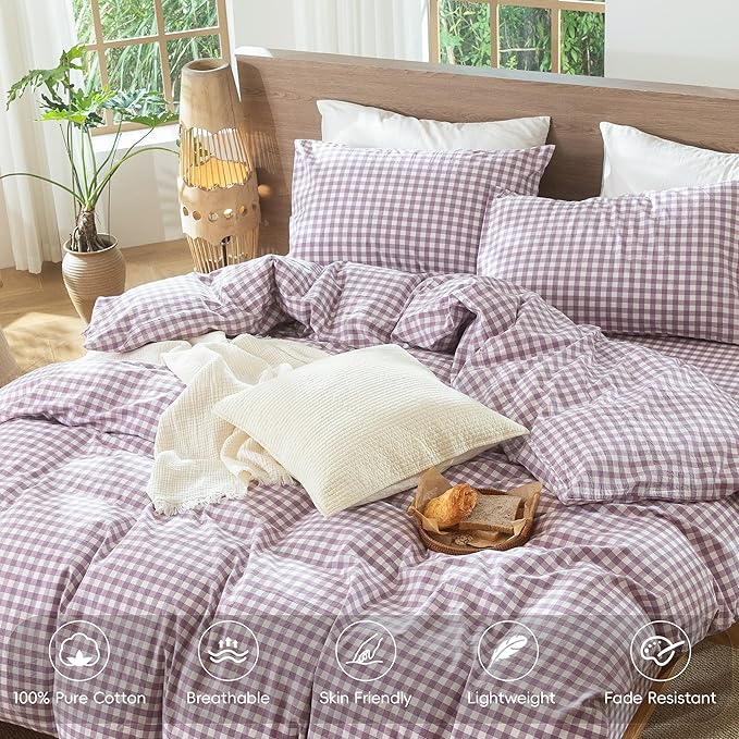 MooMee Gingham Duvet Cover Set 100% Washed Cotton Linen Like Textured Breathable Durable Soft Comfy Modern Checkered Design (Classic Gingham Light Purple, King 104"x90")