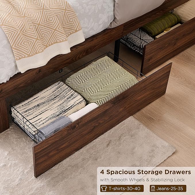 ACCOHOHO Queen Size Bed Frame Modern with 52" Tall Arched Recessed Headboard and 4 Drawers, Solid Wood Slats Support, Wood Platform, Noise Free, No Box Spring Needed, Brown