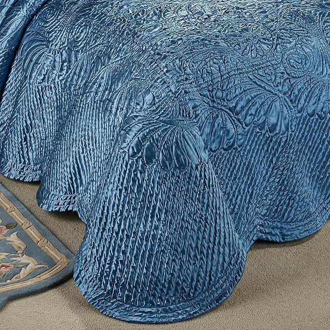 Touch of Class Portia Luxury Bedding | Rich Sapphire Blue | Premier Quilted Polyester Satin | Romantic Hand Guided Machine Quilted Scroll Design 3 Piece Set: King Oversized Bedspread, 2 King Shams