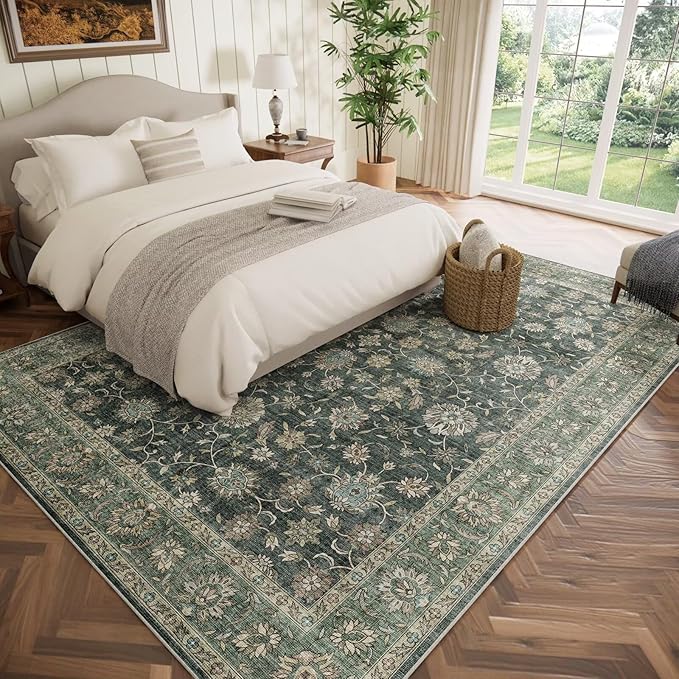 Washable 8x10 Area Rugs for Living Room, Boho Non-Slip Vintage Distress Large Rugs for Bedroom Dining Room Nursery Office, 0.3" Neutral Oriental Throw Thin Carpet, Sage Green/Blue/Multi