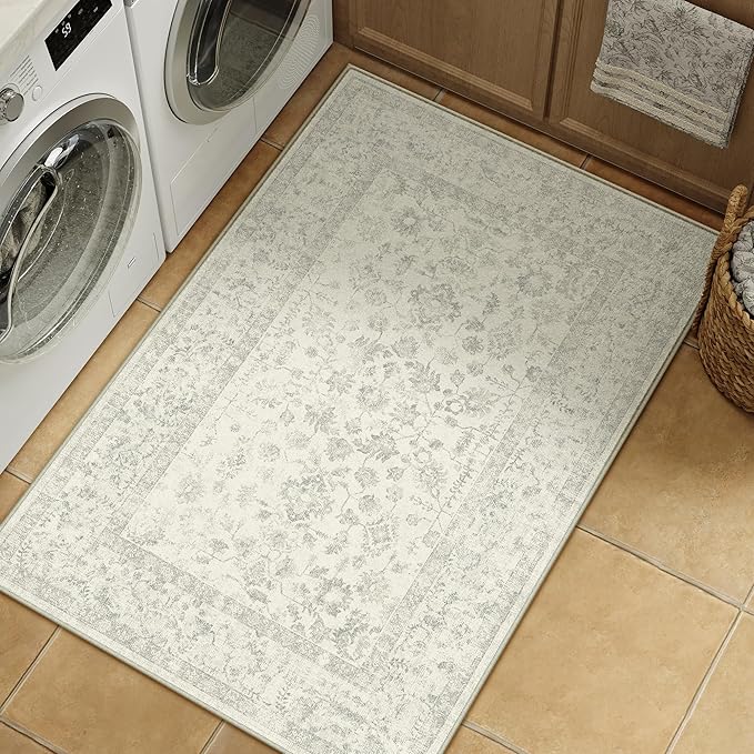 3x5 Grey Area Rug Non Slip Vintage Office Entryway Rug Distressed Machine Washable Kitchen Carpet Traditional Retro Floral Accent Throw Door Mat for Bedroom Bathroom Dining Living Room
