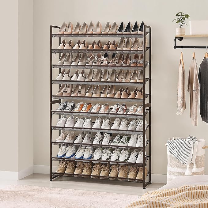 Shoe Rack, Long Shoe Organizer,Max Holds 62 Pairs,10 Tier Metal Shoe Storage Shelf,5-Tier Stackable Shoes Organizer for Garage, Entryway,Bronze
