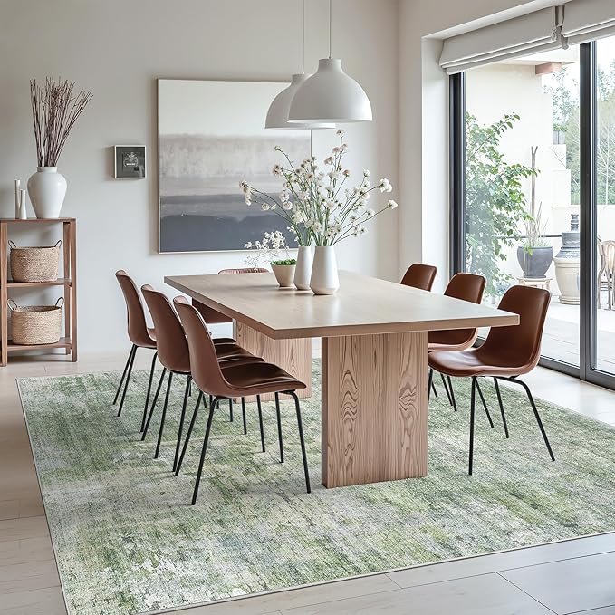 Abstract Rug 8x10 Large Living Room Rugs Neutral Modern Washable Area Rugs for Bedroom Dining Room Non-Slip Stain Resistant Foldable Thin Rug Green