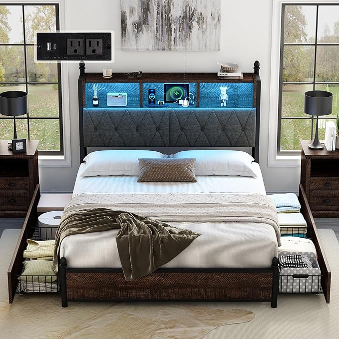 AMERLIFE Queen Size Bed Frame with Bookcase Headboard, 4 Storage Drawers, Wooden Platform Bed with Charging Station & LED Light, No Box Spring Needed, Noise-Free, Rustic Brown