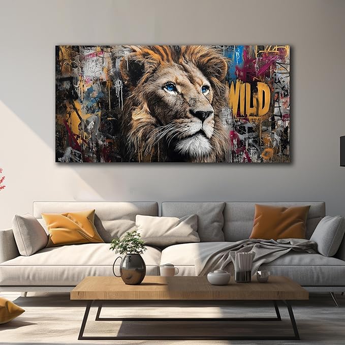 JuhaiArt Brown Wall Art Lion Artwork Graffiti Wall Decor Animal Canvas Art for Living Room Bedroom Home Office Prints Colorful Large Picture 29" x 59"