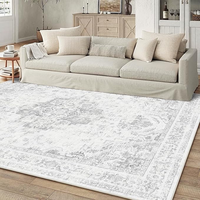 6x9 Vintage Washable Area Rugs Boho Medallion Large Distressed Retro Accent Carpet Floral Non-Slip Soft Low Pile Indoor Throw Rug for Living Room Bedroom Dining Room Office Kitchen, Gray
