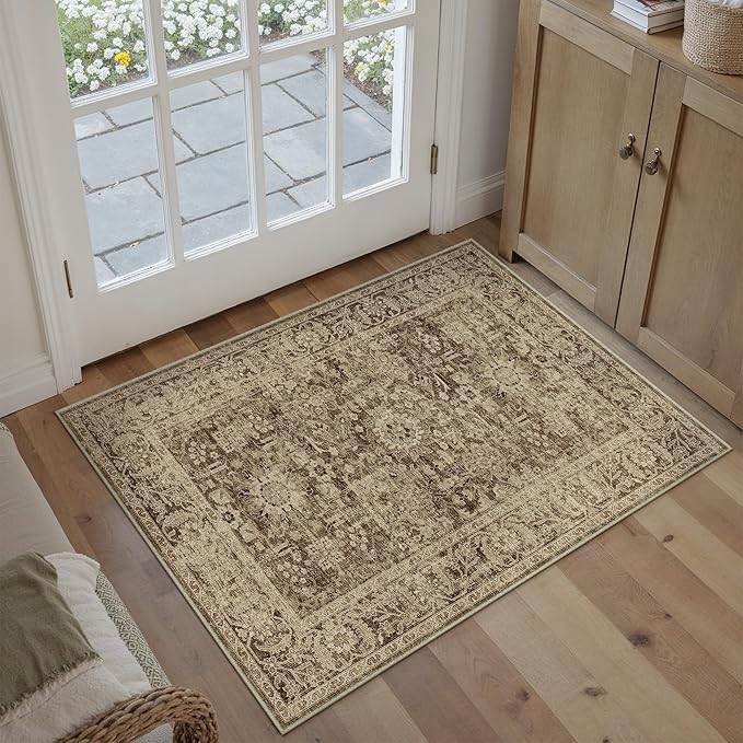 Brown 2x3 Entryway Area Rug Machine Washable Doormat Kitchen Vintage Distressed Non Slip Carpet Indoor Traditional Floral Accent Throw Small Rug for Bathroom Office Bedroom Living Dining Room