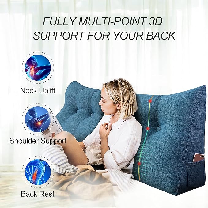 homecozy Wedge Headboard Pillow Dorm Room Reading Pillow Back Support for Sitting Up in Bed Bolster Lumbar Cushion Body Positioning Bedrest Cotton Linen 54in Blue Full