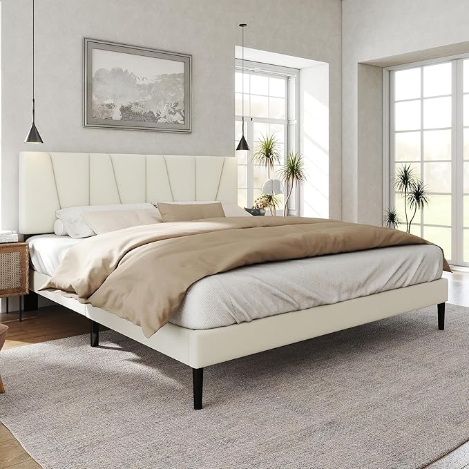 King Size Bed Frame with Fabric Upholstered Headboard, Platform Bed with Wooden Slats Support, Fully Mattress Foundation, Box Spring Optional, Easy Assembly