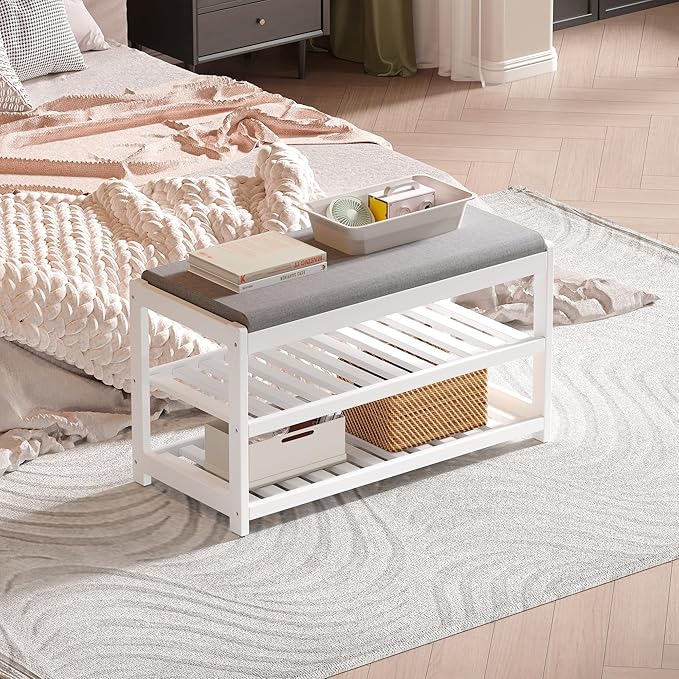 Shoe Bench Entryway, 100% Solid Solid Wood Shoe Rack Bench with Storage and Cushion Padded Seat, 3-Tier Shoe Organizer for Hallway Living Room, Mudrooms, White