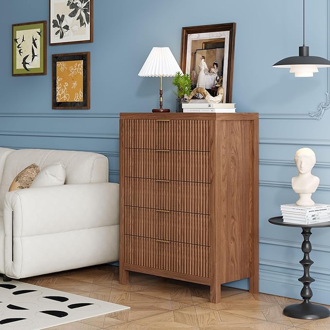 43" 5 Drawer Dresser Tall Dresser Organizer TV Drawer Cabinet Modern Wood Storage Cabinet, Modern Wood Storage Cabinet for Bedroom, Hallway, Entryway, Walnut