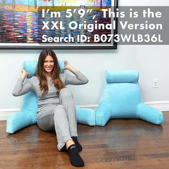 Husband Pillow Medium Carolina Blue, Backrest for Kids, Teens, Petite Adults - Reading Pillows with Arms, Adjustable Plush Memory Foam, Bed Rest Chair Sitting Up, Detach Neck Roll, Removable Cover
