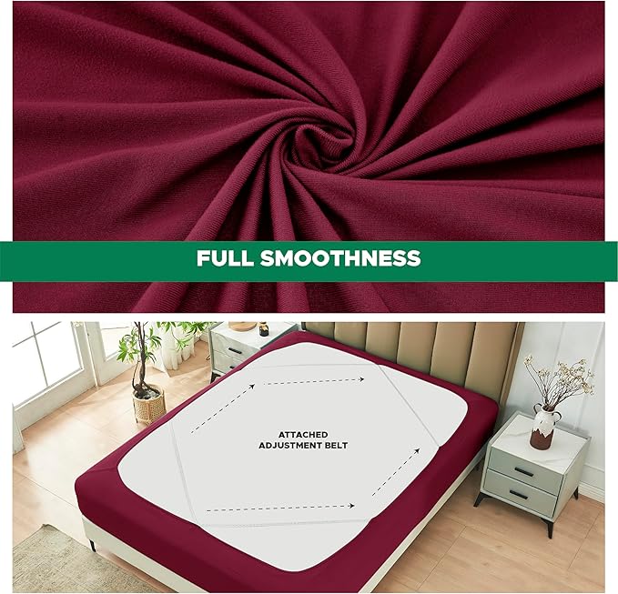 Biscaynebay Decorative Box Spring Cover Queen Size, Burgundy Luxurious Jersey Knitting Stretchy Wrap Around 4 Sides Bed Skirt for Home/Hotels, Easy Fit Wrinkle & Fade Free Machine Washable
