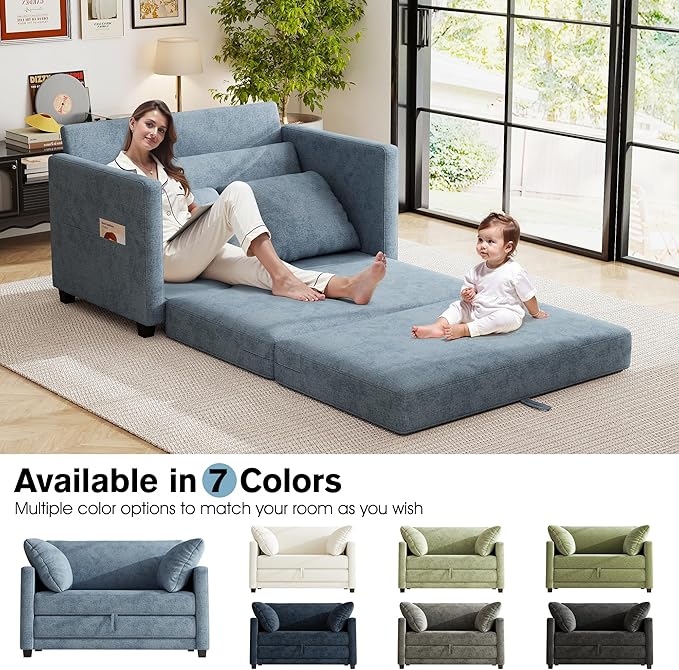 51" Loveseat Sleeper Sofa Bed, Chenille Convertible Floor Sofa Bed for Small Spaces, Folding Couch Bed with Deep Seat, 2 Pillows & Solid Frame, Pull Out Couch for Living Room, Light Blue
