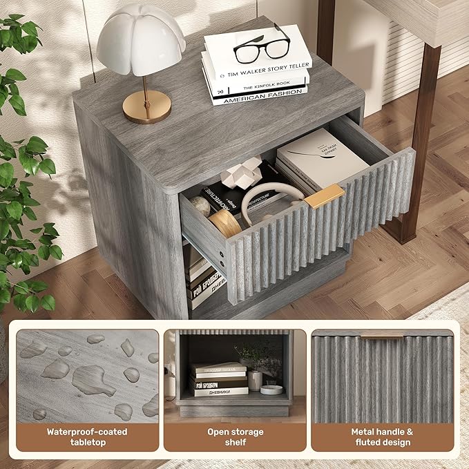 Miereirl Fluted Nightstand Charging Station, Wooden Vintage Night Stands Curved Corners Storage Cabinet for End Table with Drawers, Light Grey Oak