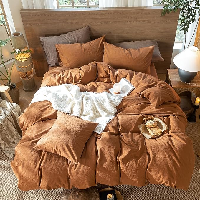 MooMee Wavy Striped Duvet Cover Set 100% Washed Cotton Linen Like Textured Breathable Durable Soft Comfy (Dark Orange, Palatial King/Oversized King 120"x98")