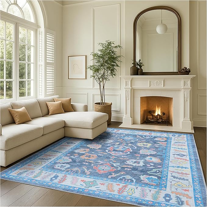 Fame Rugs Blue Modern Oushak Rug 9x12, Vintage Turkish Colorful Oriental Washable Antique Inspired Oversize Area Rugs, Luxury Living Room Bedroom (386PBL, 9' x 12) (387BNB, 9' x 12)