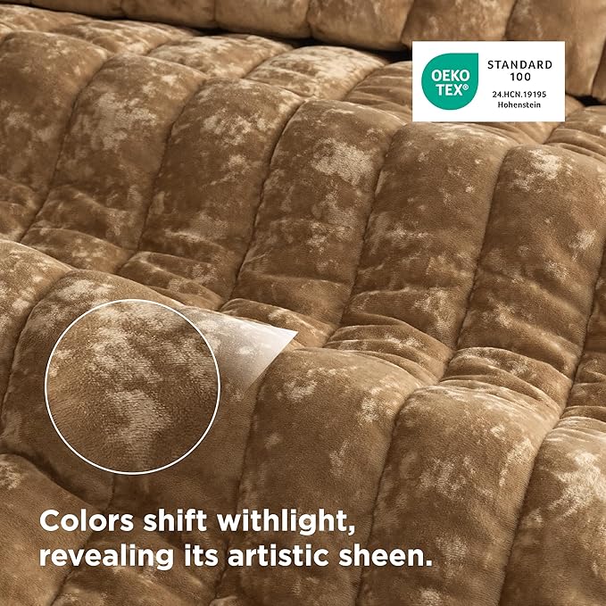 Bedsure Velvet Quilt King Size Set - 108"x96" Lightweight Velvet Comforter King, Oversized Luxury Bedspread Coverlet, Ultra-Soft Winter Bedding Set with 2 Pillow Shams, Caramel Gold