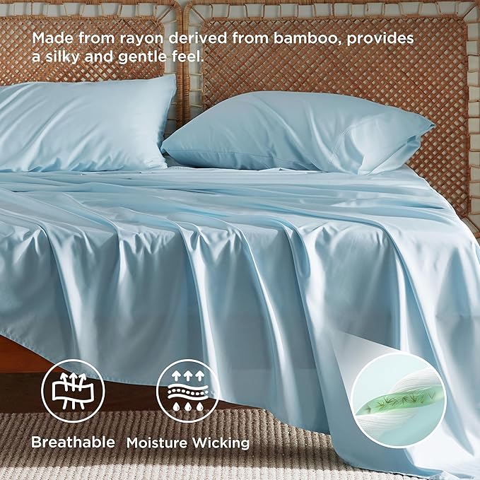 Bedsure California King Sheet Sets, Cooling Sheets, Rayon Derived from Bamboo, Breathable & Soft, Deep Pocket Up to 16 Inches, Hotel Luxury Silky Bedding for Hot Sleepers, Aqua