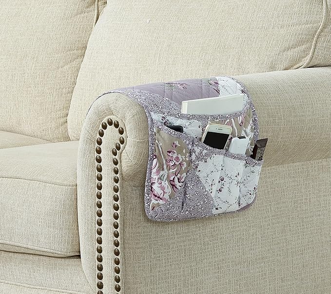 Brilliant Sunshine Lilac Rose Patchwork Couch Armrest 5 Pockets Organizer, Slip Resistant Recliner Armchair Caddy, Washable Remote Controls Holder, Storage for Magazine, Tablet, Phone, iPad, Lilac