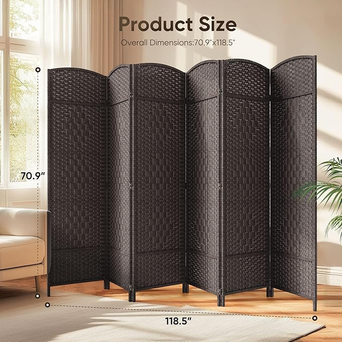 JOSTYLE Room Divider 6ft. Tall Extra Wide Privacy Screen, Folding Privacy Screens with Diamond Double-Weave Room Dividers and Freestanding Room Dividers Screens (Espresso, 6-Panel)