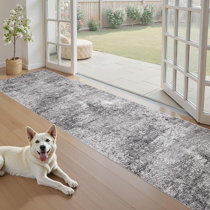 Washable Runner Rug for Hallway: 2.6x10 Neutral Modern Abstract Low Pile Area Rug with Non-Slip Backing - Carpet for Bedroom Kitchen Laundry Entryway Bathroom Indoor - Grey
