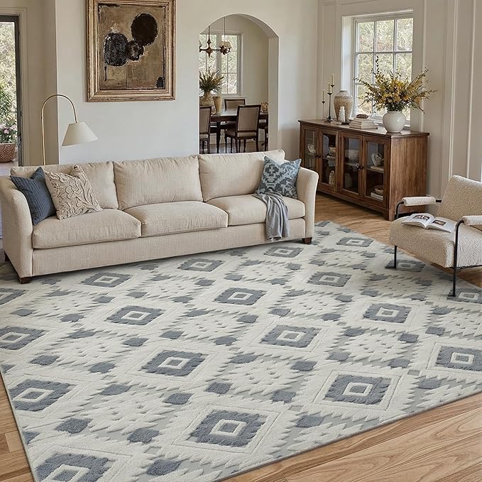 Ivory Grey 8x10 Area Rug Washable Living Room Moroccan Shag Carpet Non Slip Soft Neutral Boho Plush Pile Large Throw Rug for Office Bedroom Dining Room Playroom