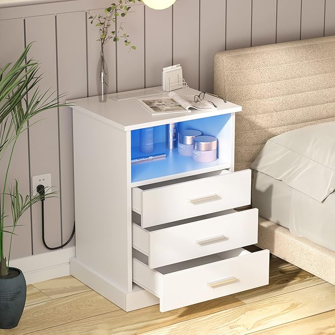 Halitaa Nightstand with Charging Station, LED Lights Side Table with 3 Drawers, End Table for Bedroom Office White