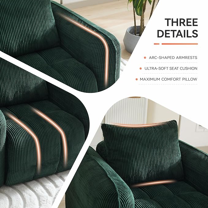 66'' Boneless Corduroy Loveseat Sofa, 2 Seater Tufted Deep Seat Couch with Rounded Armrest, Upholstered Cloud Couch for Living Room, Bedroom, No Assembly, Green