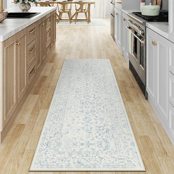 2x6 Blue Runner Rug Hallway Non Slip Kitchen Vintage Distressed Long Carpet Indoor Machine Washable Retro Floral Bedroom Accent Throw Rug for Office Laundry Bathroom Dining Living Room