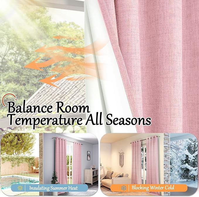 Baby Pink Linen Blackout Curtains for Nursery 84 Inch Length 2 Panels Set, Thermal Insulated Boho Total Black Out Noise Reducing Bonzer Grommets Window Curtains for Girls Bedroom, Each 60 Inch Wide
