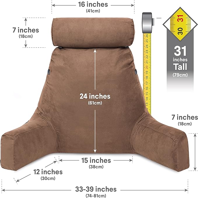 Husband Pillow XXL Aspen Edition, Adult Reading Sit Up Bed Rest Pillow for Bed with Arms & Neck Roll on Bungee Cord - Premium Memory Foam - Reversible 2 Sided Cover Micro Suede or Plush, Saddle Brown