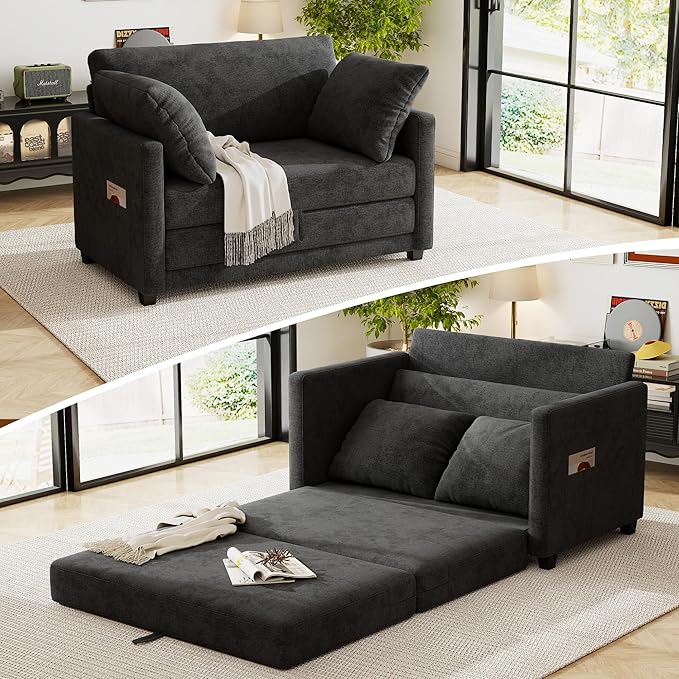 51" Loveseat Sleeper Sofa Bed, Chenille Convertible Floor Sofa Bed for Small Spaces, Folding Couch Bed with Deep Seat, 2 Pillows & Solid Frame, Pull Out Floor Couch for Living Room, Black