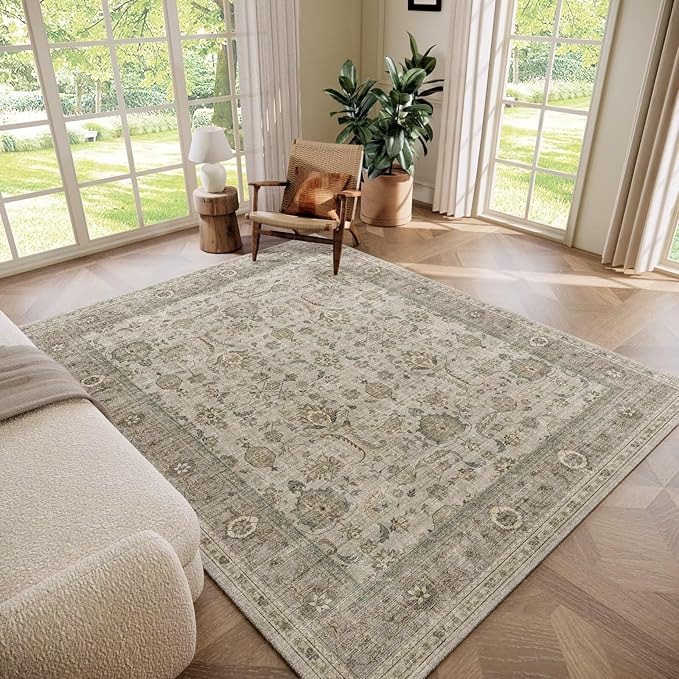 Washable 6x9 Area Rugs for Living Room, Boho Non-Slip Vintage Distress Large Rugs for Bedroom Dining Room Nursery Office, 0.3" Neutral Oriental Throw Thin Carpet, Flaxen/Brown/Multi