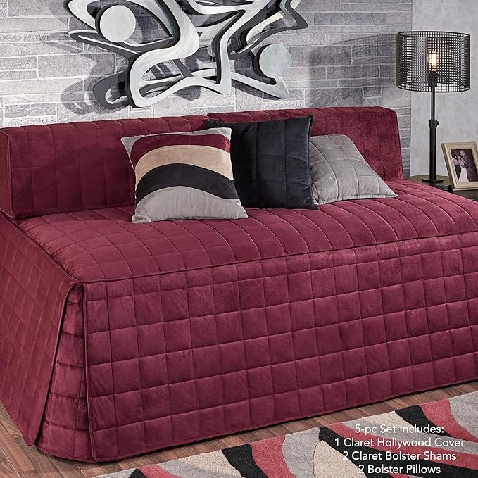 Camden Luxury Bedding | Neutral Claret Color | Fitted Hollywood Daybed Bedding | Faux Suede Box Quilted Design | 5 Piece Set Includes Hollywood Cover, 2 Bolster Shams, and 2 Bolster Pillows