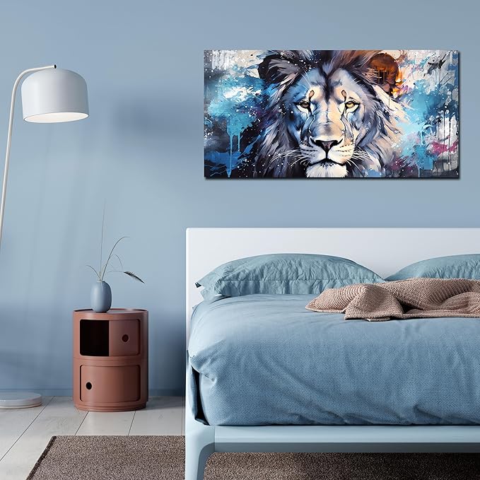 ENTANUB Lion Wall Art for Living Room, Animal Canvas Print Painting for Bedroom, Blue Picture Decor, Size 40x20 Inches