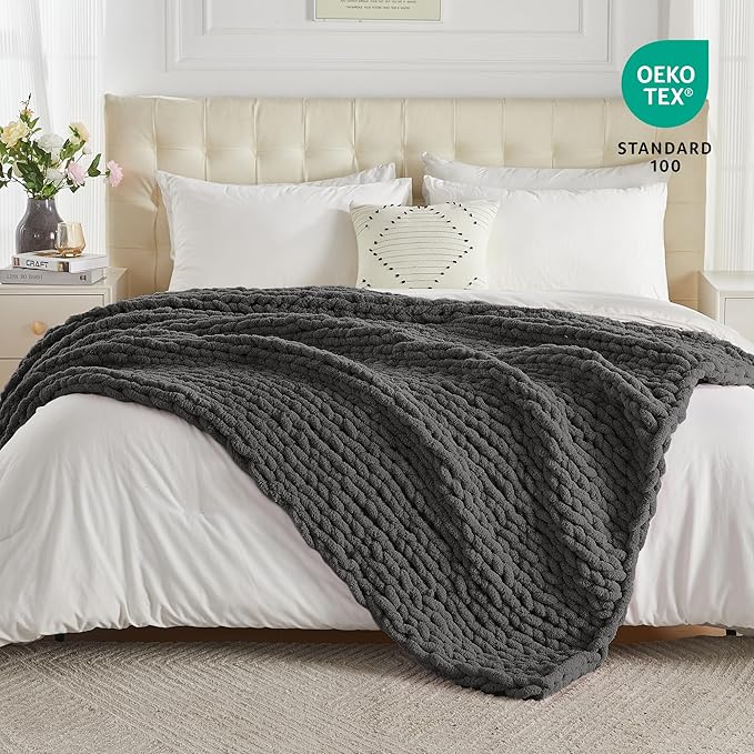 Carriediosa Chunky Knit Throw Blanket 50" X 60", 100% Hand Made Large Chenille Loop Yarn Soft Fluffy Throws for Couch Sofa Bed, Big Crochet Cozy Heavy Thick Cable Woven Blankets, Dark Grey