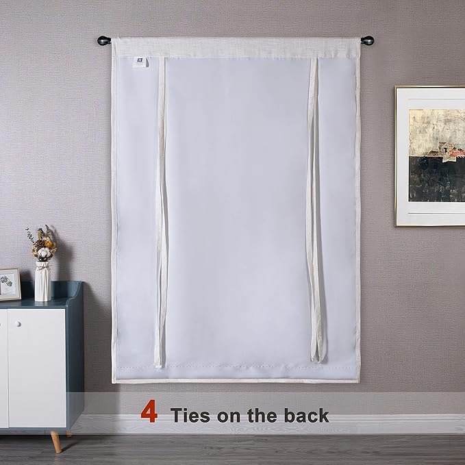 DriftAway Double Layer Linen Blackout Tie Up Curtains Thermal Insulated Fully Lined Balloon Roman Shade Bathroom Window Adjustable Rod Pocket for Small Window 31 Inch by 47 Inch Ivory