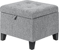 Adeco 17" Square Ottoman with Storage, Small Grey Storage Ottoman Foot Rest with Hinged Lid & Solid Wood Legs, Linen Fabric Foot Stool for Living Room & Bedroom