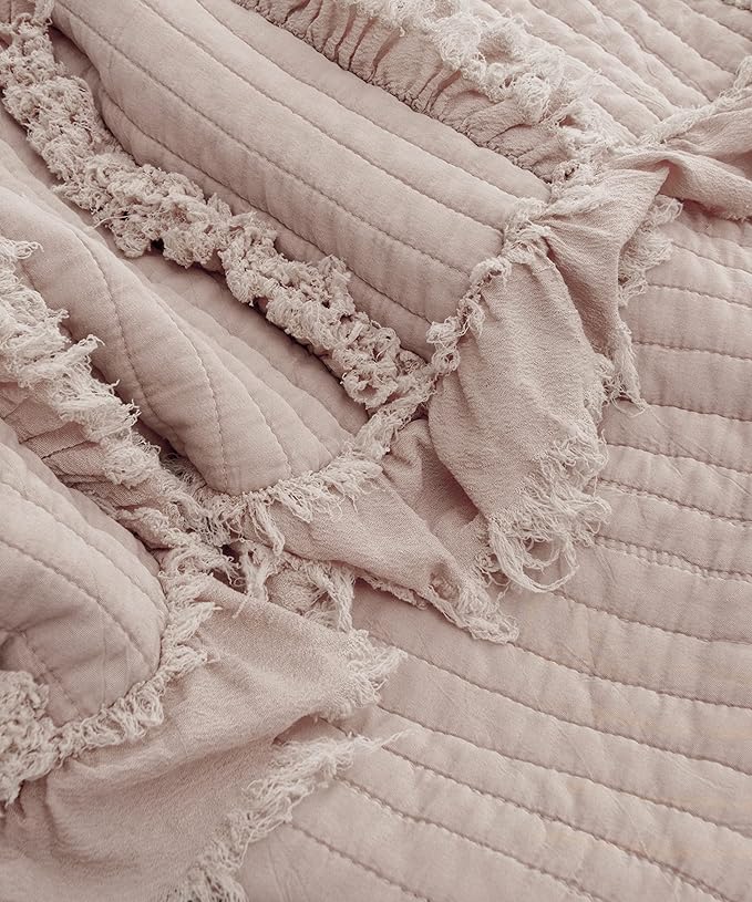 Ultra Soft Pre-Washed Quilted Throw Blanket, Ruffle Fringed Dusty Rose Pink Decorative Throw, Stone Washed Chic Rustic Blanket for Sofa Couch Bed Chair, 50"x 60"