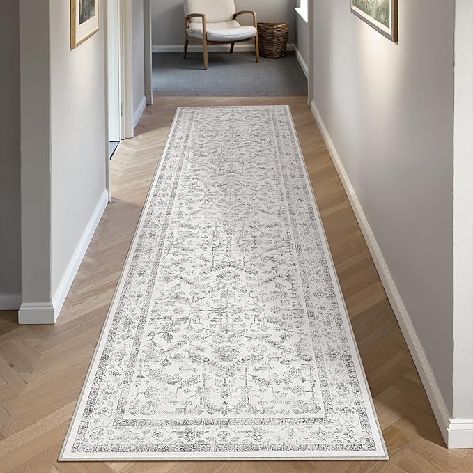Grey 2x5 Runner Rug Vintage Area Carpet Hallway Indoor Kitchen Washable Low Pile Traditional Distressed Retro Accent Throw Rug Non Slip for Laundry Bathroom Office