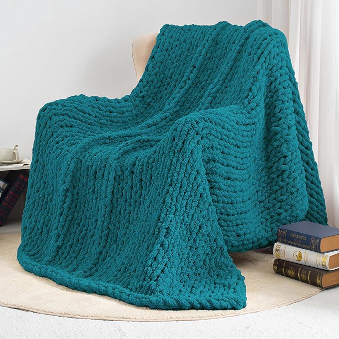 Chunky Knit Throw Blanket 50"X 60", 100% Handmade with Soft Chenille Yarn, 4.4lbs Thick Cable Knitted Blankets, Large Rope Knot Crochet Throws for Couch Sofa Bed Home Decor, Teal