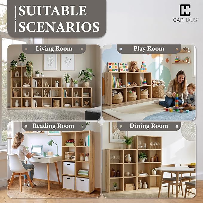 CAPHAUS Sturdy Room 11-Inch Cube Storage Organizer Shelf, with Thick Exterior Edge, Storage Shelf Divider w/Back, Bookcase, 6-Cube, Natural Oak