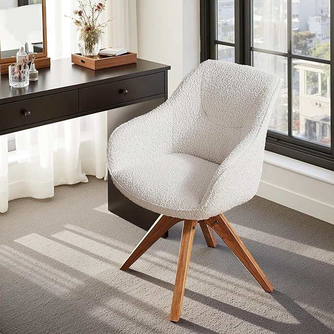 Zouron Mid Century Modern Accent Chair with Oak Wood Legs, Upholstered Swivel Chair No Wheels, Side Accent Armchair Vanity Chair for Small Space Home Office Living Room Bedroom, Ivory