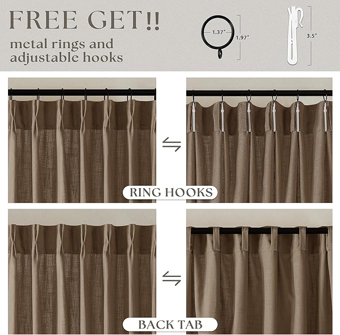 Dutch Cocoa 90 Inch Linen Curtains Pinch Pleated for Living Room Bedroom Dining Boho Brown Light Filtering Pinch Pleat Drapes Hooks Rings Back Tab Semi Sheer Dark Brown Window Curtains 2 Panels