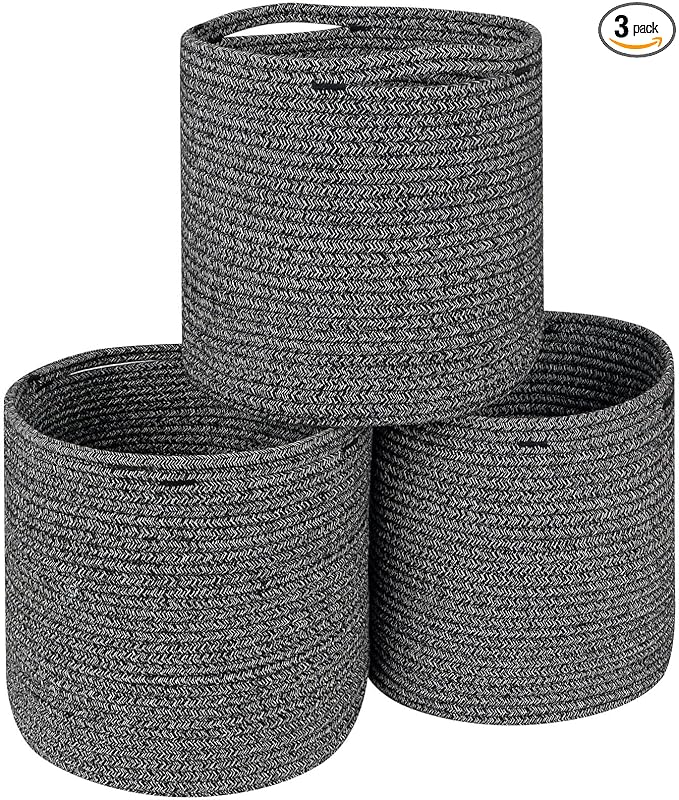 voten Storage Cubes Baskets Bins Organizer 11x11x11'' Fit 12x12''Cube Storage Organizer Bookcases Shelves,Roomy Cute Durable Woven Cotton Storage Basket for Organization,Round 3Pack Mixed Black