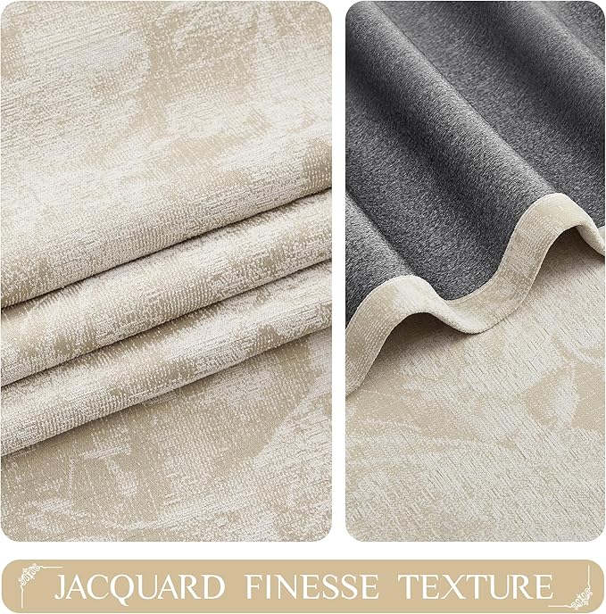 Beauoop Beige Floral Jacquard Blackout Curtains 120 Inches Long 2 Panels for Bedroom Living Room Taupe Flower Chenille Room Darkening Thermal Soundproof Grommet Window Treatments Drapes 52x120