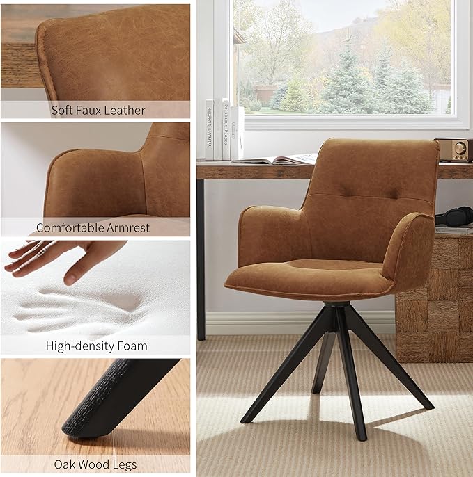 Art Leon Home Office Desk Chair - Faux Leather Upholstered Accent Armchair, Mid Century Swivel Chair with Black Oak Wood Legs for Small Space Living Room Bedroom, Brown